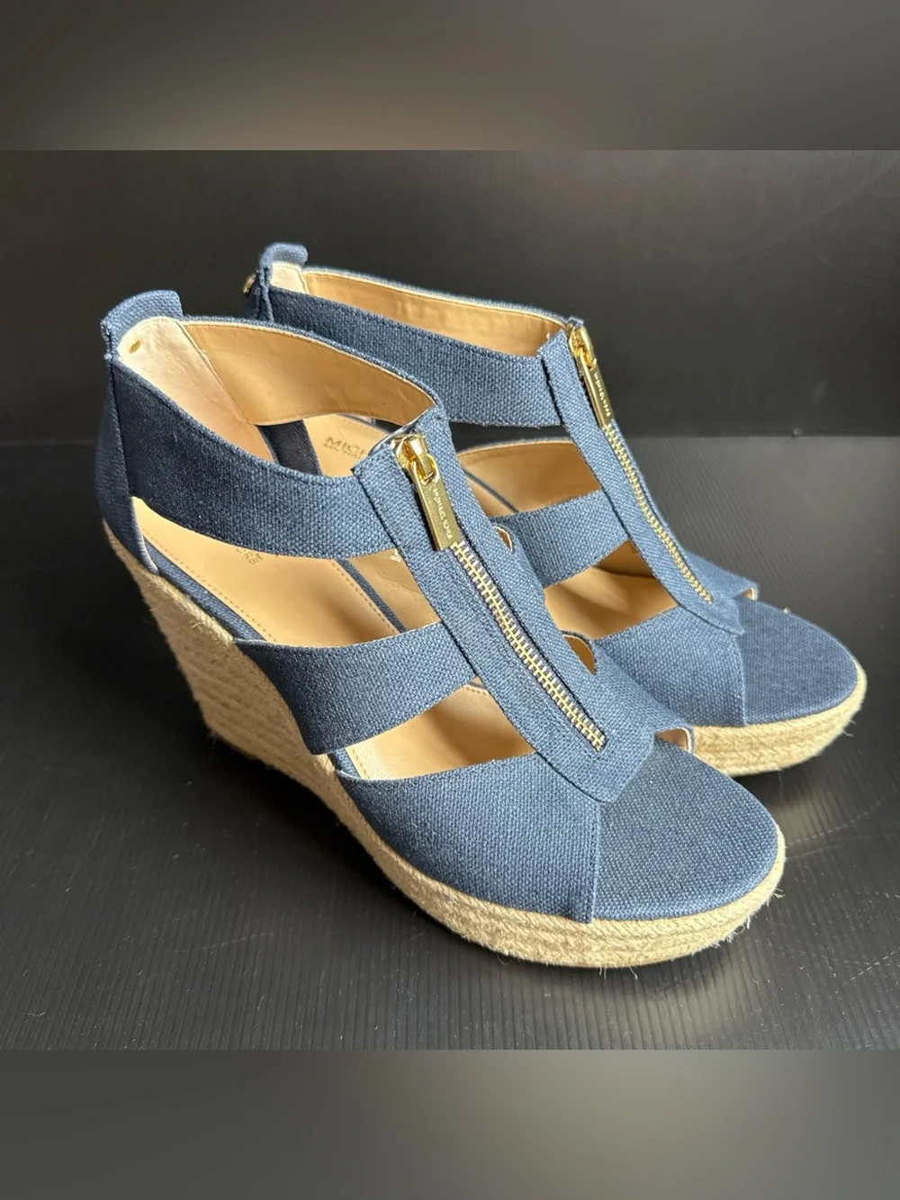 Pre-Owned Michael Kors Navy Canvas Damita Wedge Espadrille Women’s Size 9.5